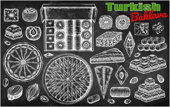 Sketch drawing set of Turkish baklava isolated on blackboard. Chalk drawn sweet food, oriental dessert, turkish delight, pistachio nuts, almond, sugar syrup, walnut, honey, bakery. Vector illustration