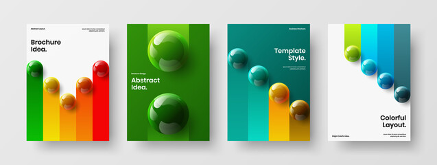 Clean book cover A4 vector design template set. Isolated 3D spheres brochure illustration collection.