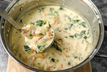 Gnocchi Chicken Soup. Traditional Italian chicken gnocchi soup with spinach, cream and carrots. 