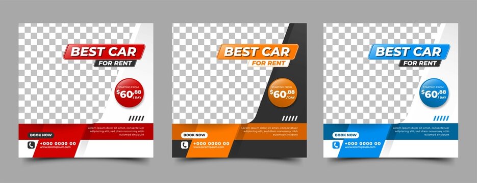 Set of Social media post design template for car rental promotion. Modern background with place for the photo.