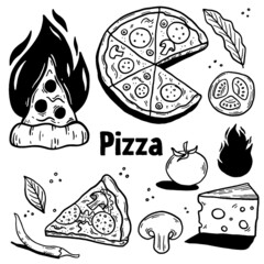 Hand drawn pizza set. Doodle vector collection.