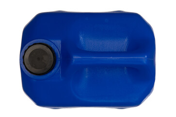 Blue plastic gallon or 5 litre container for oil, chemicals etc. Isolated on white background.