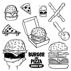 Burger and pizza hand drawn illustration. Doodle vector set.