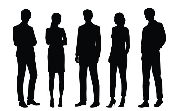 Vector silhouettes of  men and a women, a group of standing  business people, black color isolated on white background