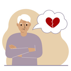 Sad grandfather thinks about love. In a balloon of thought, a red broken heart. The concept of parting and not shared love.