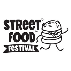 Street food festival with runing Doodle burger character.