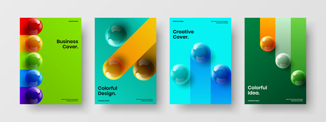 Vivid realistic spheres banner template set. Clean pamphlet design vector layout composition.