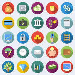 Set of finance icons in flat design with long shadows