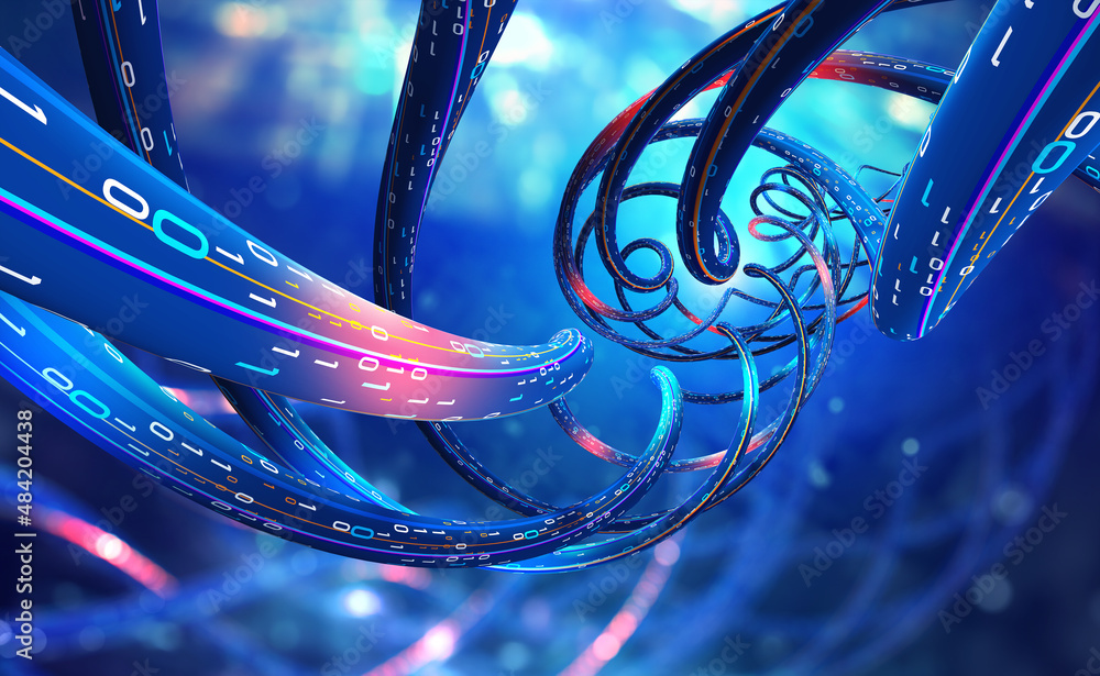 Leinwandbilder Cyber structure 3D illustration. Nano space medical research and futuristic discoveries. DNA code in digital dimension. Vortex data flows