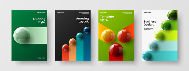 Premium magazine cover A4 vector design concept composition. Trendy 3D spheres pamphlet illustration bundle.