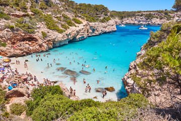 Turquoise waters in Mallorca. Moro beach. Mediterranean coastline. Balearic islands - obrazy, fototapety, plakaty