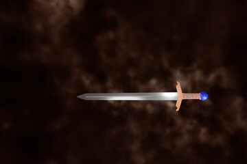 Fototapeta na wymiar Fantasy royal knight magic straight two-hand sword with gold and sapphire 3D-rendering