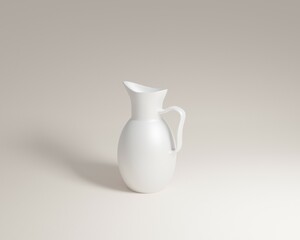 White jug pitcher pot made of porcelain ceramic standing on white surface 3D-rendering