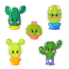 Cactus. Vector illustration isolated on a white background, cute cactus character in cartoon style. Cute plants cacti succulents in pots.
