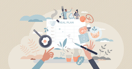Meal planning and weekly healthy food diet organization tiny person concept. Week menu for weight care, fitness and responsible slimming vector illustration. Nutrition management weekly control notes.