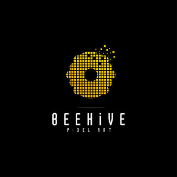 Digital Honey Logo Design, Bee Hive Pixel Logo, Modern Technology, On Dark Background