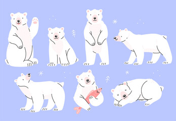 Set of polar bears characters in cute cartoon style. Isolated illustration.