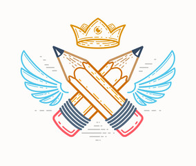 Two crossed pencils with wings and crown, vector simple trendy logo or icon for designer or studio, creative king, royal design, linear style.