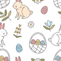 Spring Easter seamless patter with rabbits and Easter eggs and baskets in cartoon doodle style. Easter illustration background.