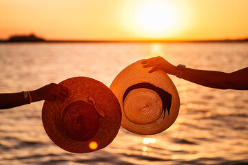 Hats in the hands of women against the backdrop of the sea during sunset 