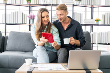 Photo of couples, families, European men and women. working together happily at home concept business man woman finance marketing family working at home