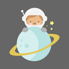 Boy Cosmonaut with planet in cartoon style. Vector illustration. For card, posters, banners, children books, printing on the pack, printing on clothes, fabric, wallpaper, textile or dishes.