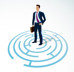 Confused young handsome businessman in the center of radial labyrinth trying to find way out vector illustration, business strategy, problem solution.