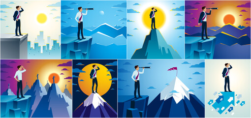 Businessman looking for opportunities in spyglass standing on top peak of mountain business concept vector illustrations set, successful young handsome business man searches new perspectives.