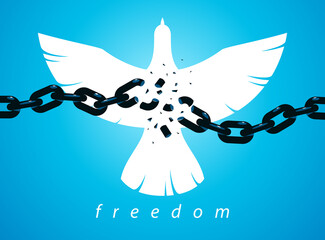 Bird flying up into sky and broken chain in front freedom concept vector poster, liberty and human rights allegory, career or business ambitions, dove spread wings.
