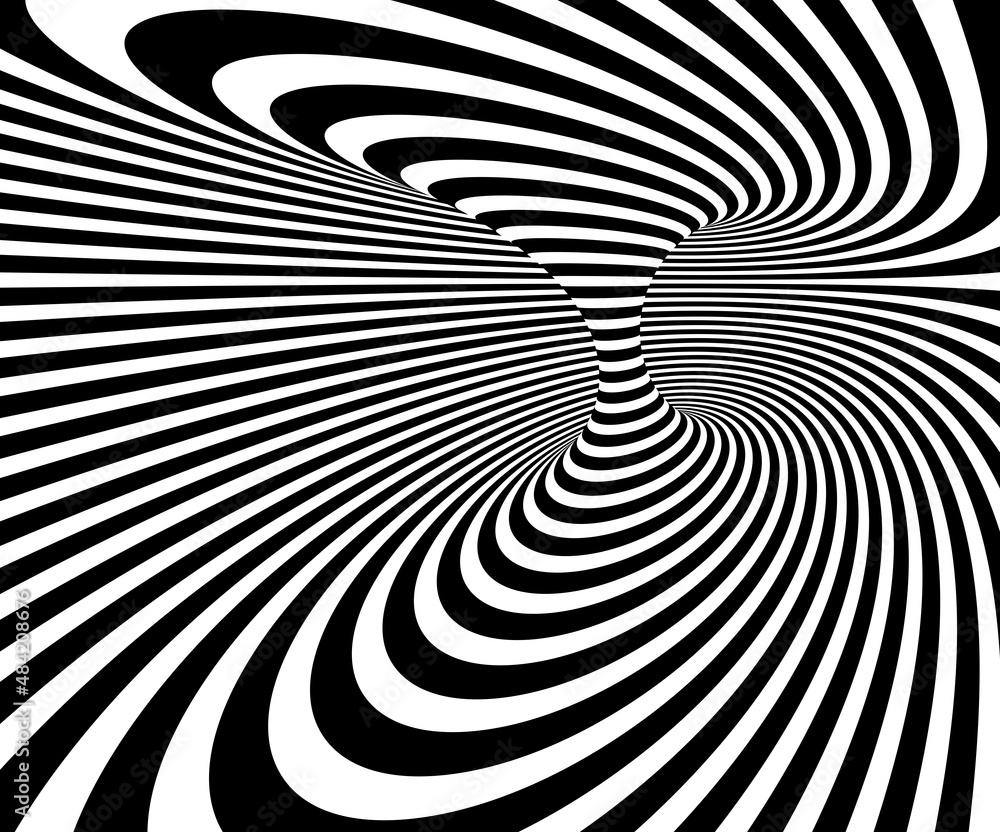 Poster op art distorted perspective black and white lines in 3d motion abstract vector background, optical 