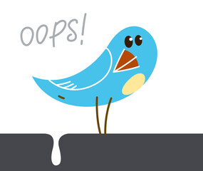 Fototapeta premium Little cute bird poo humorous cartoon flat vector illustration isolated on white, failure and shame funny concept.
