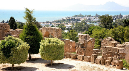 Ruins of the ancient antique city of Carthage and a view of the mountains and the sea in Tunisia