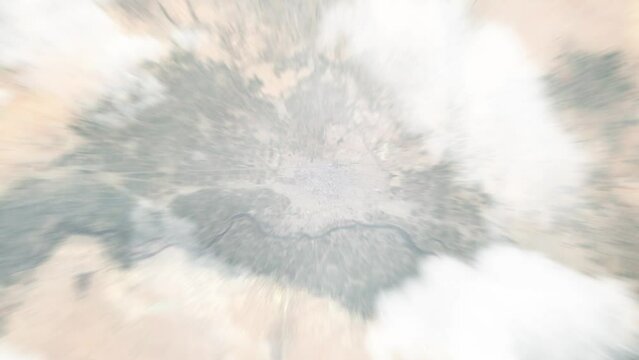 Zoom in from space and focus on Raqqa, Syria. 3D Animation. Background for travel intro. Elements of this image furnished by NASA