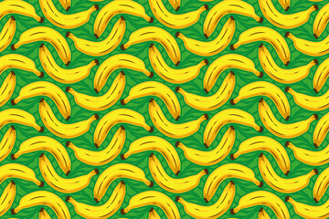 Swinging Bananas on Green Leaves Background - Seamless Vector Square Pattern - Easy to Color Edit
