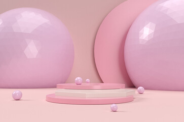 pink room with podium 3d and balls. Minimal pastel background for product presentation. mock up and display cosmetic or stage pedestal concept by 3d render