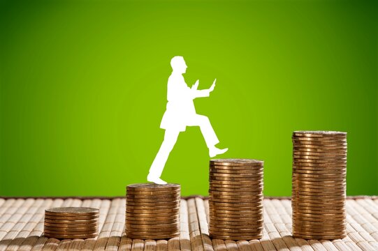 Change return on investment, growing savings or wage income concept. Person is going from coins
