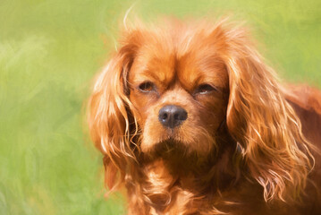 Digital painting of a single isolated ruby Cavalier King Charles Spaniel.