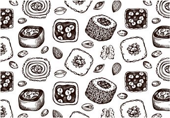 Sketch drawing pattern of Turkish delight on white background. Engraved jelly dessert, pistachio nut, chocolate, peanut, hazelnut. Line art rahat lokum. Outline Arabian sweet food. Vector illustration - 484209896