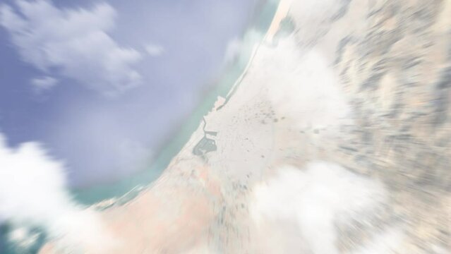 Zoom in from space and focus on Ras Al Khaimah, United Arab Emirates. 3D Animation. Background for travel intro. Elements of this image furnished by NASA