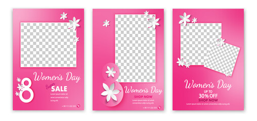Set of Womens Day Sale social media post template. Web banner, flyer or poster.Social media post templates for women's day.Square social media banner post template.With place for the photos.
