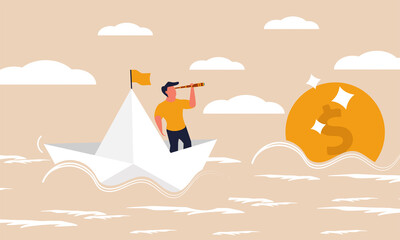 Money rich budget and paper boat on ocean with future retirement. Business wealth and profit vision vector illustration concept. Increase investment and passive profit plan. Saving earn and deposit