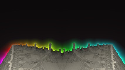 Fantastic 3D fractal with recursive structures and shapes on dark background with colorful halos.