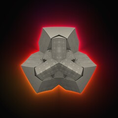 An isolated 3D fractal object of a Sierpinski recursion with a dark background and colorful halo effect. (3D Rendering)