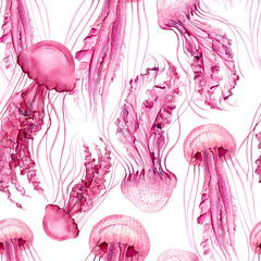 Seamless pattern with jellyfish. Marine background. pink watercolor illustration