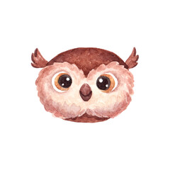 Face or head of cute owl. Funny bird isolated on white background. Watercolor illustration in cartoon style for children