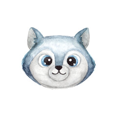 Face or head of cute dog or wolf. Muzzle of funny animal isolated on white background. Watercolor illustration in cartoon style for children