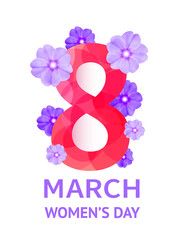 March 8 - Happy Women's Day. Greeting card for International Womens Day in the form of red number 8 among the pink flowers. Concept of women, femininity, holiday, spring, love