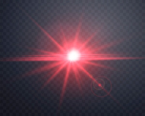 Red sunlight lens flare, sun flash with rays and spotlight. Glowing burst explosion on a transparent background. Vector illustration