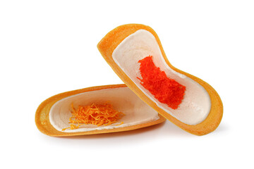Thai Dessert Khanom Buang isolated on white background, Thai crispy pancake. cream crepes and gold egg yolks thread.