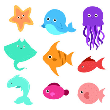 Underwater world with fish, stingrays, dolphins, octopuses and whales. Vector cute illustration of the ocean or sea. A set of marine and ocean underwater animals